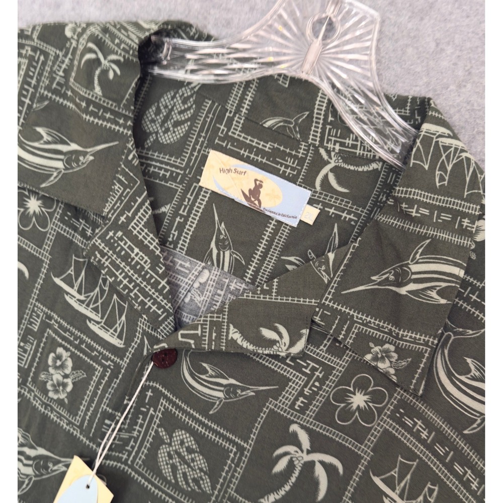 NEW! High Surf Hawaiian Shirt Mens 2XL Green Marlin Palm Tree Tropical Beach NWT